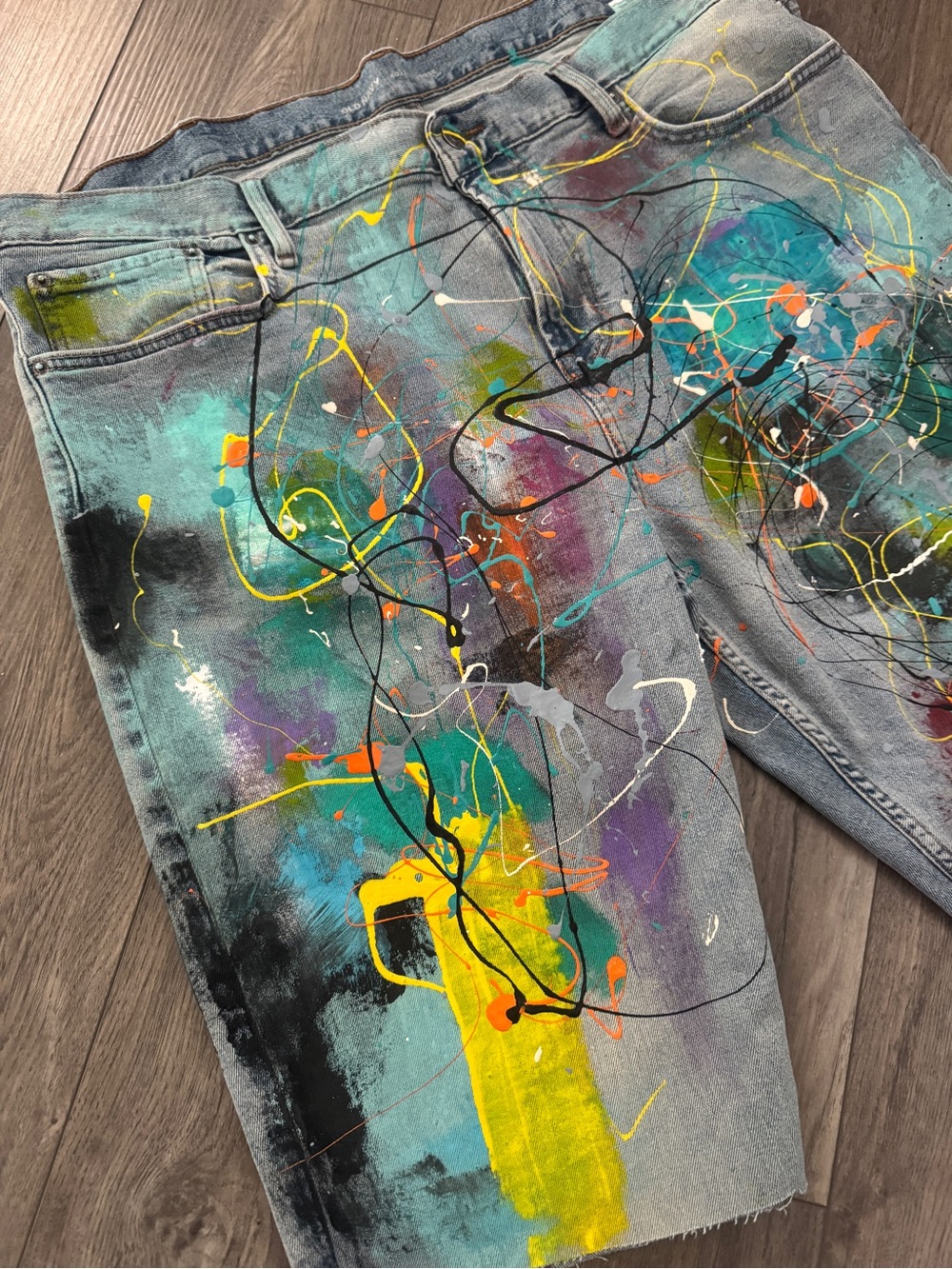 Old Navy Hand Painted Denim Jorts Splatter Vibrant Abstract Shorts 40 x 12 - Picture 3 of 12